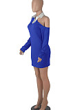 Army Green Autumn Trendy Oblique Shoulder Turn-Down Collar Long Sleeve Sexy Hip Mini Dress FMM2099-6