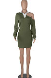 Army Green Autumn Trendy Oblique Shoulder Turn-Down Collar Long Sleeve Sexy Hip Mini Dress FMM2099-6