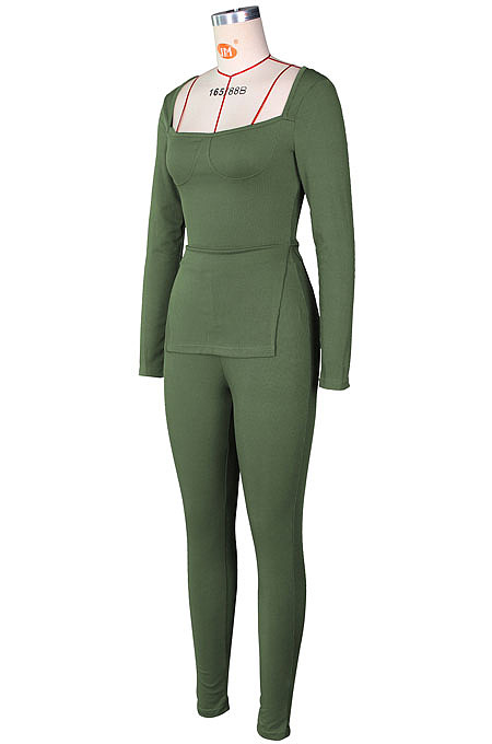 Black Fashion Ribber New Long Sleeve Square Neck Split  Tops Bodycon Pants Plain Suit ZS0433-2