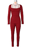 Yellow Fashion Ribber New Long Sleeve Square Neck Split  Tops Bodycon Pants Plain Suit ZS0433-1 