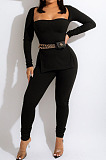 Yellow Fashion Ribber New Long Sleeve Square Neck Split  Tops Bodycon Pants Plain Suit ZS0433-1 
