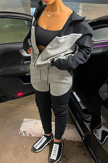 Black Grey Wholesale  Women's Spliced Zipper Hoodie Tops Skinny Pants Sport Sets YM225-2