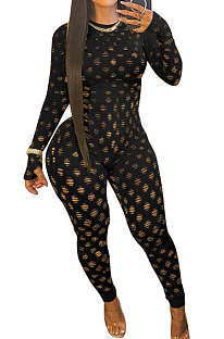 Black Eurameircan Sexy Long Sleeve Hollow Out High Waist Bodycon Jumpsuits FMM2053-4