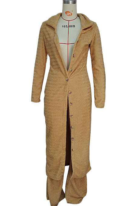 Beige Euramerican Winter Wome's Plush Single-Breasted Long Coat Bodycon Pants Sets LD81065