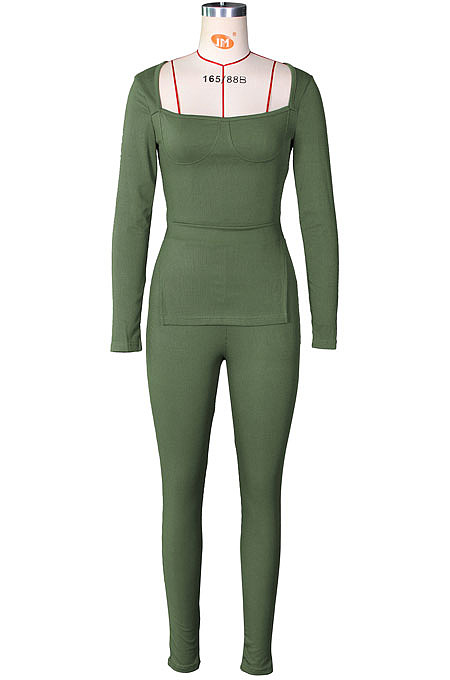 Army Green Fashion Ribber New Long Sleeve Square Neck Split  Tops Bodycon Pants Plain Suit ZS0433-3