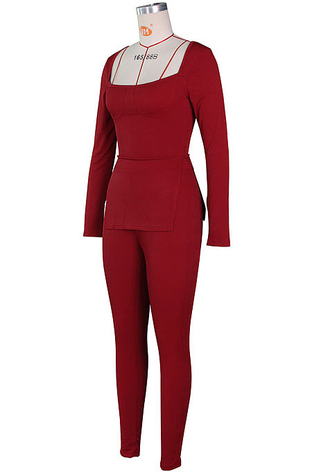 Black Fashion Ribber New Long Sleeve Square Neck Split  Tops Bodycon Pants Plain Suit ZS0433-2