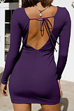 Purple Round Collar Long Sleeve Irregular Solid Color Backless Tied Sexy Mini Dress FMM2103-1