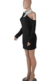 Red Autumn Trendy Oblique Shoulder Turn-Down Collar Long Sleeve Sexy Hip Mini Dress FMM2099-1