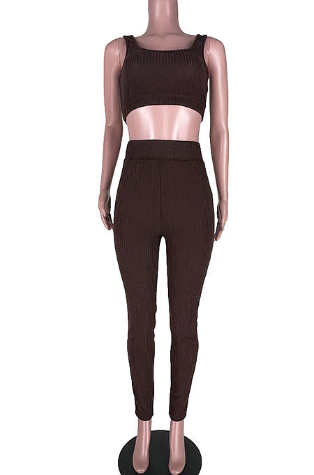 Chocolate Euramerican Solid Color Tanks Long Coat Velvet Tight Pants Three Pieces MDF5274-2