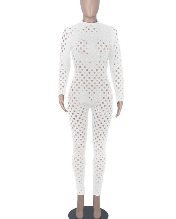 Coffee Eurameircan Sexy Long Sleeve Hollow Out High Waist Bodycon Jumpsuits FMM2053-6