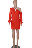 Army Green Autumn Trendy Oblique Shoulder Turn-Down Collar Long Sleeve Sexy Hip Mini Dress FMM2099-6