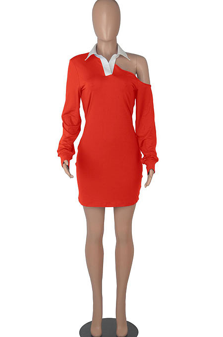 Army Green Autumn Trendy Oblique Shoulder Turn-Down Collar Long Sleeve Sexy Hip Mini Dress FMM2099-6