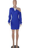 Army Green Autumn Trendy Oblique Shoulder Turn-Down Collar Long Sleeve Sexy Hip Mini Dress FMM2099-6