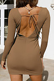 Purple Round Collar Long Sleeve Irregular Solid Color Backless Tied Sexy Mini Dress FMM2103-1