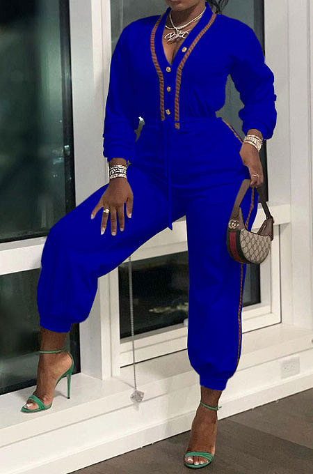 Rose Red Women's Fashion Casual Pure Color Pocket Buttons Drawsting Collect waist Bodycon Jumpsuits MR2130-4