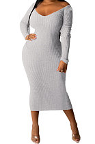 Gray Women's Sexy Deep V Collar Off Shoulder Cotton Ribber Casual Bodycon Midi Dress FMM2094-2