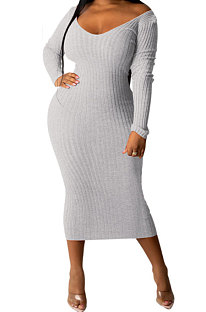 Gray Women's Sexy Deep V Collar Off Shoulder Cotton Ribber Casual Bodycon Midi Dress FMM2094-2