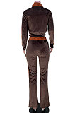Coffee Euramerican Trendy Women's Turn-Down Collar Zipper Spliced Srop Flare Leg Pants Sets MDF5269
