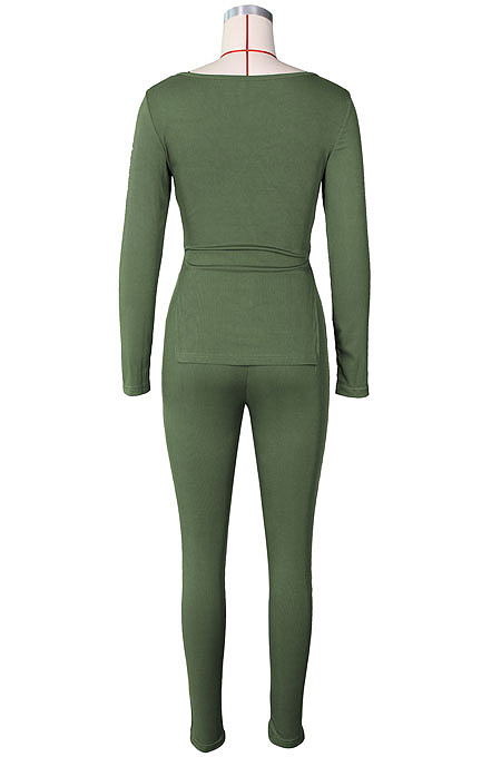 Army Green Fashion Ribber New Long Sleeve Square Neck Split  Tops Bodycon Pants Plain Suit ZS0433-3