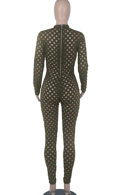 Army Green Eurameircan Sexy Long Sleeve Hollow Out High Waist Bodycon Jumpsuits FMM2053-7