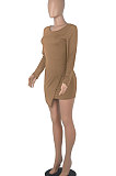 Purple Round Collar Long Sleeve Irregular Solid Color Backless Tied Sexy Mini Dress FMM2103-1