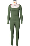 Yellow Fashion Ribber New Long Sleeve Square Neck Split  Tops Bodycon Pants Plain Suit ZS0433-1 