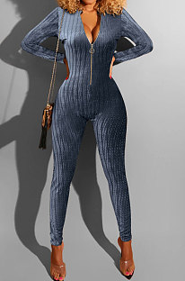 Gray Blue Euramerican Women's Sexy Both Sides Wear Zipper High Waist Velvet Bodycon Jumpsuits FMM1168-2