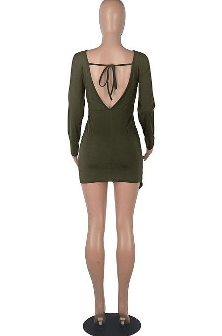 Purple Round Collar Long Sleeve Irregular Solid Color Backless Tied Sexy Mini Dress FMM2103-1