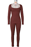 Yellow Fashion Ribber New Long Sleeve Square Neck Split  Tops Bodycon Pants Plain Suit ZS0433-1 