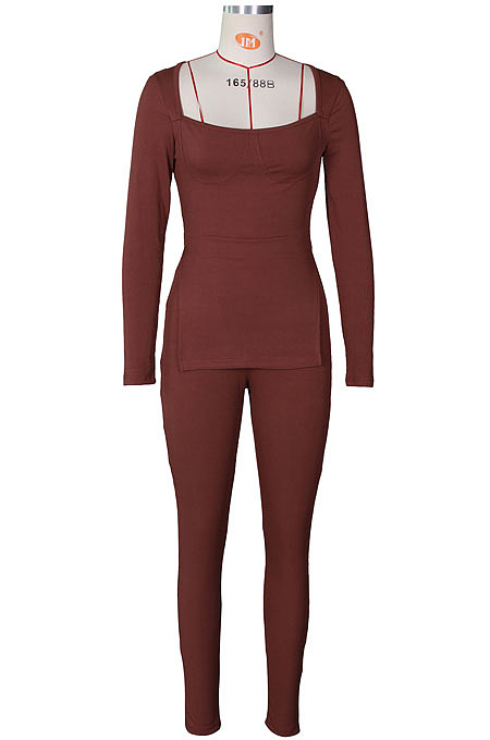 Yellow Fashion Ribber New Long Sleeve Square Neck Split  Tops Bodycon Pants Plain Suit ZS0433-1 