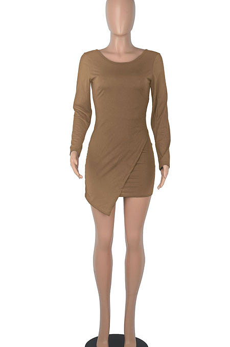 Purple Round Collar Long Sleeve Irregular Solid Color Backless Tied Sexy Mini Dress FMM2103-1
