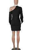 Red Autumn Trendy Oblique Shoulder Turn-Down Collar Long Sleeve Sexy Hip Mini Dress FMM2099-1
