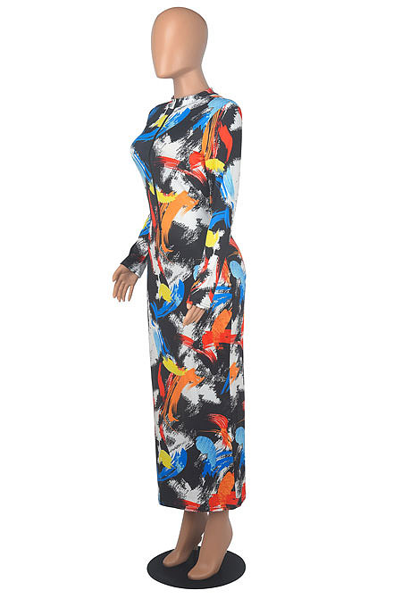 Black Red Printing Zipper Both Sides Wear Bodycon Long Dress WMZ2689-1