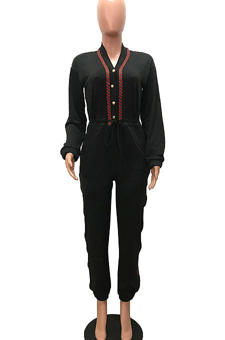 Rose Red Women's Fashion Casual Pure Color Pocket Buttons Drawsting Collect waist Bodycon Jumpsuits MR2130-4