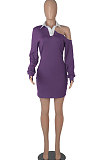 Red Autumn Trendy Oblique Shoulder Turn-Down Collar Long Sleeve Sexy Hip Mini Dress FMM2099-1