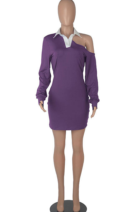 Red Autumn Trendy Oblique Shoulder Turn-Down Collar Long Sleeve Sexy Hip Mini Dress FMM2099-1