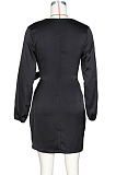 Wine Red Night Club Long Sleeve V Neck Collect Waist Plain Dress ZS0429-2