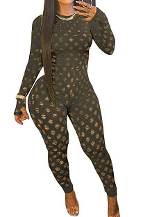 Army Green Eurameircan Sexy Long Sleeve Hollow Out High Waist Bodycon Jumpsuits FMM2053-7