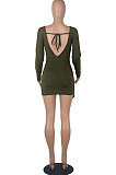 Army Green Round Collar Long Sleeve Irregular Solid Color Backless Tied Sexy Mini Dress FMM2103-3