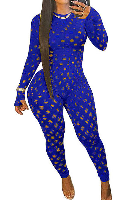 Blue Eurameircan Sexy Long Sleeve Hollow Out High Waist Bodycon Jumpsuits FMM2053-5