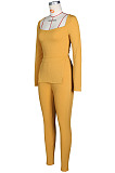 Black Fashion Ribber New Long Sleeve Square Neck Split  Tops Bodycon Pants Plain Suit ZS0433-2