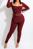 Yellow Fashion Ribber New Long Sleeve Square Neck Split  Tops Bodycon Pants Plain Suit ZS0433-1 