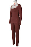 Yellow Fashion Ribber New Long Sleeve Square Neck Split  Tops Bodycon Pants Plain Suit ZS0433-1 