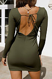 Purple Round Collar Long Sleeve Irregular Solid Color Backless Tied Sexy Mini Dress FMM2103-1