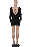 Purple Round Collar Long Sleeve Irregular Solid Color Backless Tied Sexy Mini Dress FMM2103-1