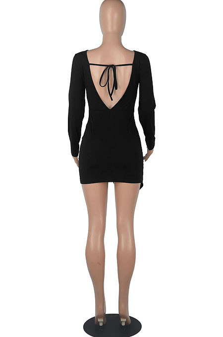Purple Round Collar Long Sleeve Irregular Solid Color Backless Tied Sexy Mini Dress FMM2103-1