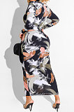 Dark Green Printing Zipper Both Sides Wear Bodycon Long Dress WMZ2689-2