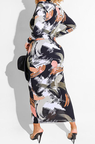 Dark Green Printing Zipper Both Sides Wear Bodycon Long Dress WMZ2689-2