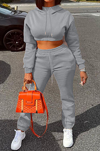 SUPER WHOLESALE|Grey Casusl Pure Color Velvet Hoodie Jogger Pants Suit LML279-4