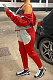 Red Grey Wholesale  Women's Spliced Zipper Hoodie Tops Skinny Pants Sport Sets YM225-1